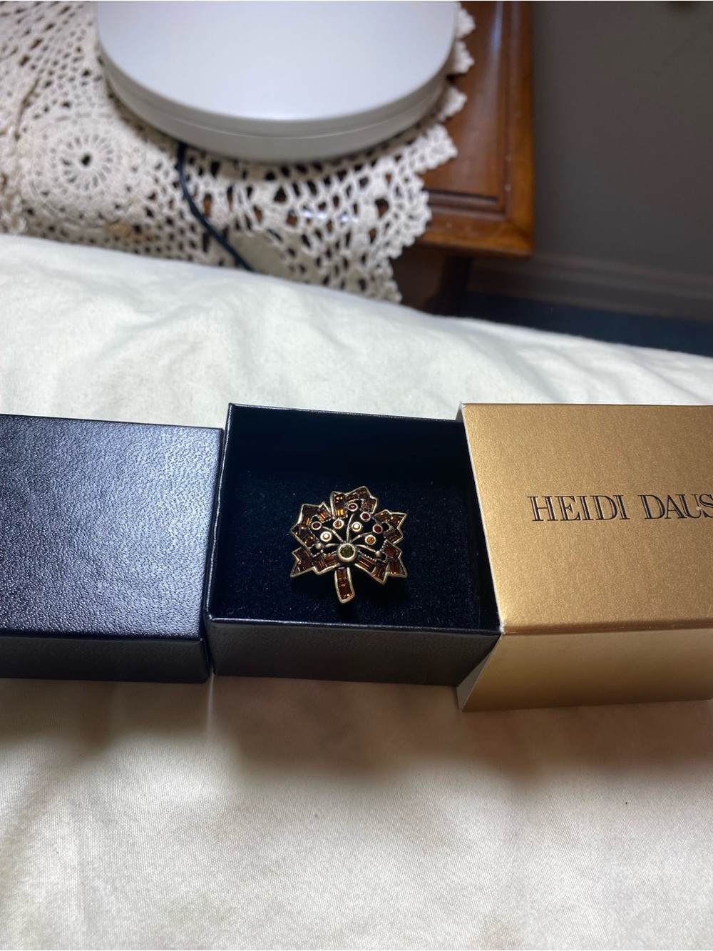 Heidi Daus bronze leaf ring with multi colored Crystals 7